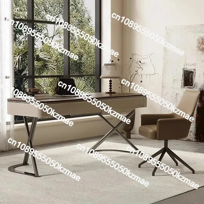 High-End Light Luxury Walnut Solid Wood Computer Desk Modern Minimalist Saddle Leather Desk for Study Living Room