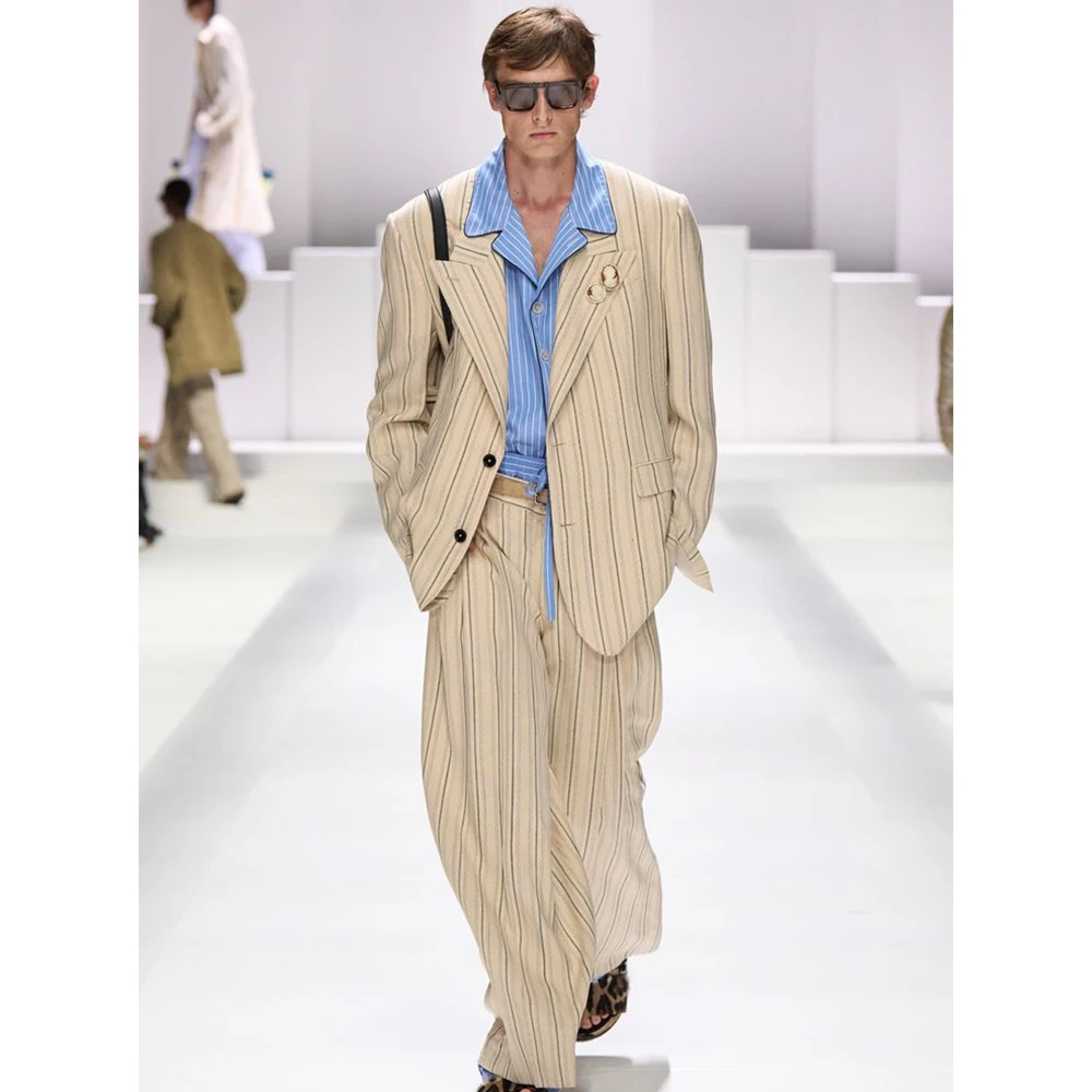 

Simple Light Beige-Apricot Men's Dark Gray Vertical Stripes Suit 2 Piece Jacket Pants Set Peak Lapel Loose Office Casual Male