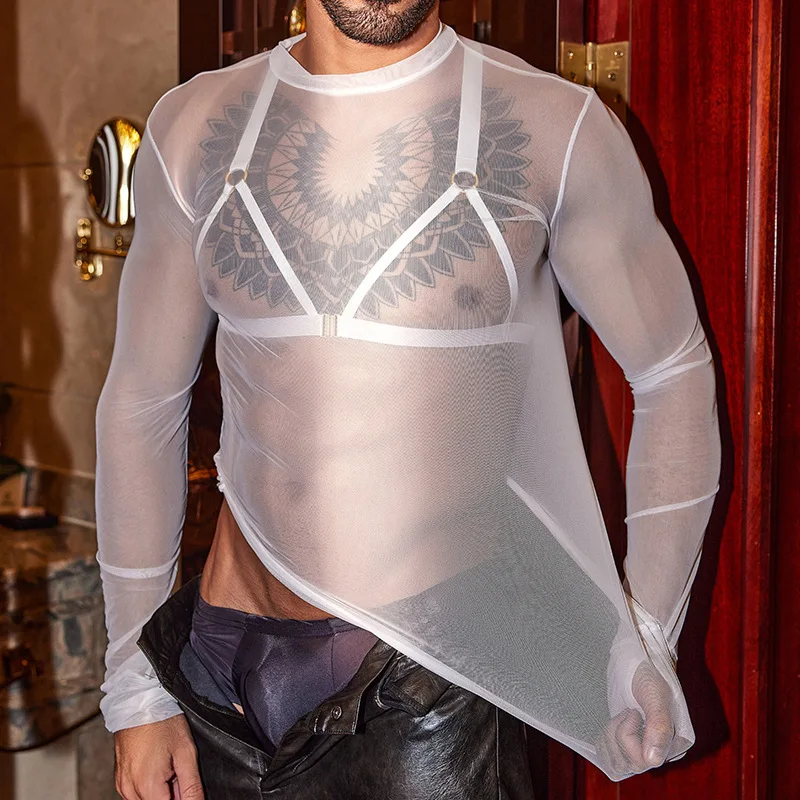 قمصان رجالي شفافة رفيعة للغاية ملابس داخلية للنوادي الليلية ملابس داخلية مثيرة بدون خياطة بلوزة تشكيل الجسم للعضلات قميص داخلي