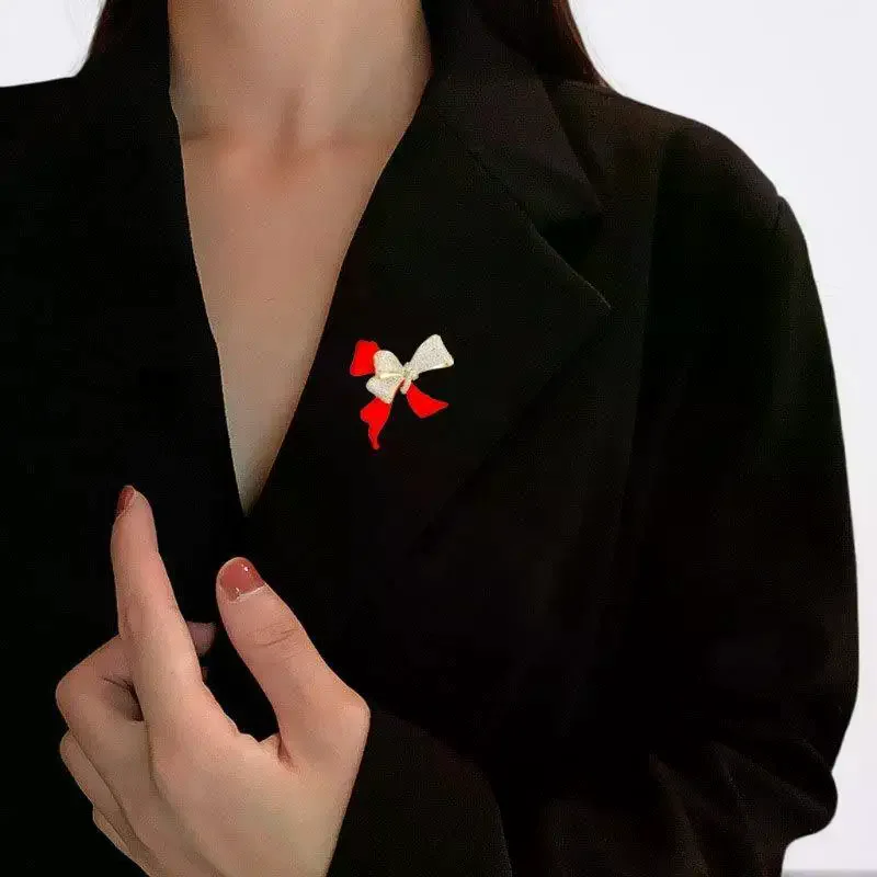Fashion Rhinestone Red Bow Brooches For Women Clothing Coat Party Jewelry Accessries Gifts