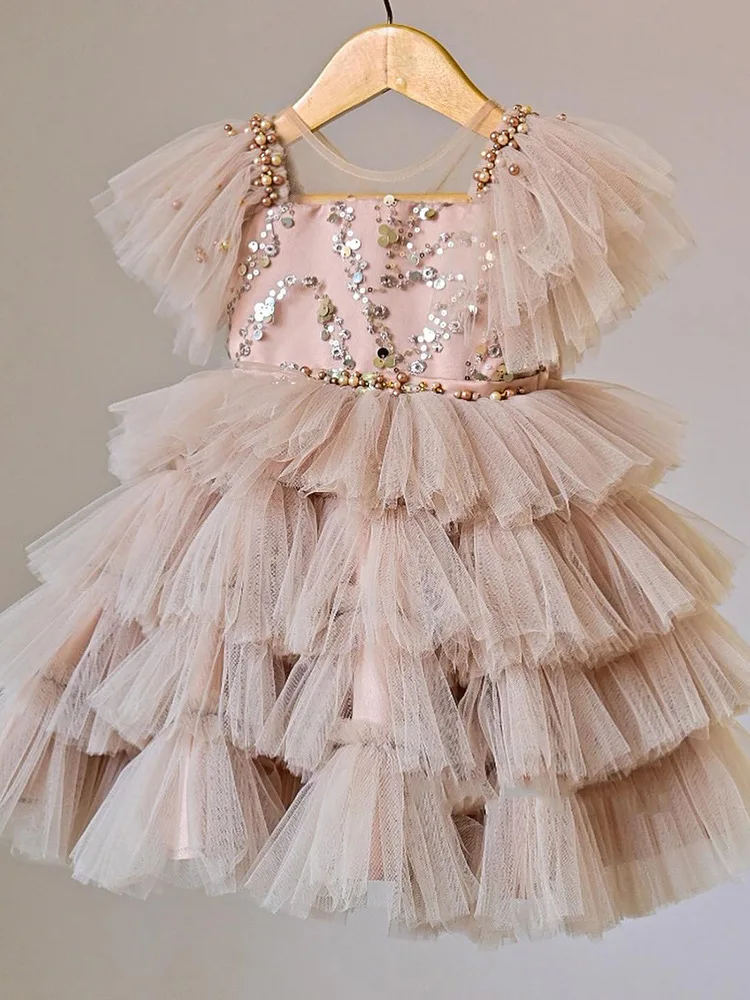 2024 Girls' Long dresses Children's Fashion Sequin Princess Dress Cake Dress Banquet Walk Show Hollow High Evening Dress