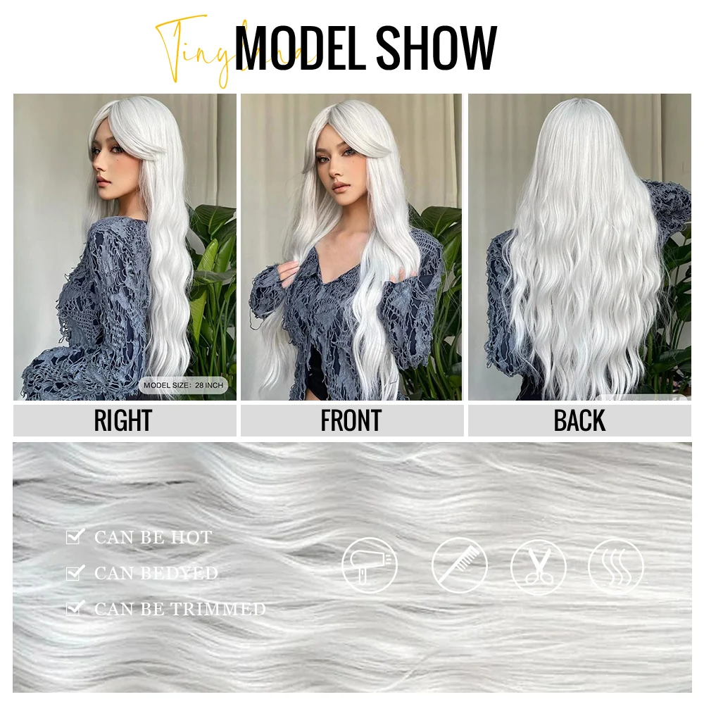 Ash Gray Platinum Long Curly Synthetic Wigs with Bangs for Women Afro Deep Wave Cosplay Lolita Wig Natural Hair Heat Reisitant