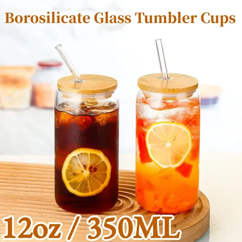 

350ml Glass Cup with Lid and Straw Personalized Bamboo Straws for Drinks Reusable Coffee Cup Bar Tumbler Cups for Beer Juices