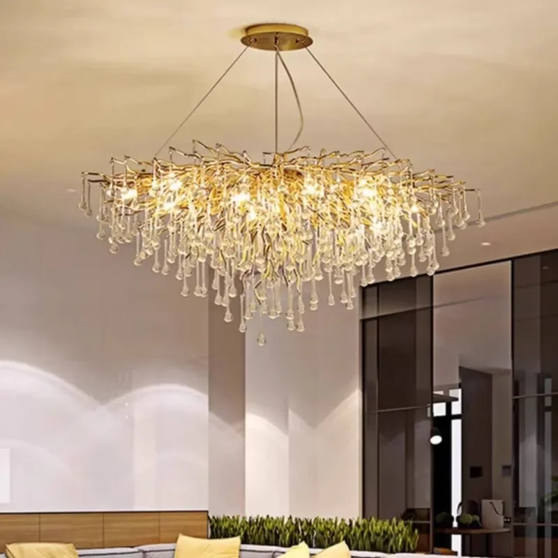 French Light Luxury Aluminum Crystal Chandelier Water Drop Branch Design for Living Room Dining Room Villa
