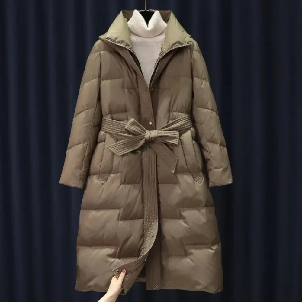 Fashion Casual New Winter Women Thick Warm Coat Luxury Slim Parka Hooded Outerwear Female White Duck Down Long Jacket with Belt