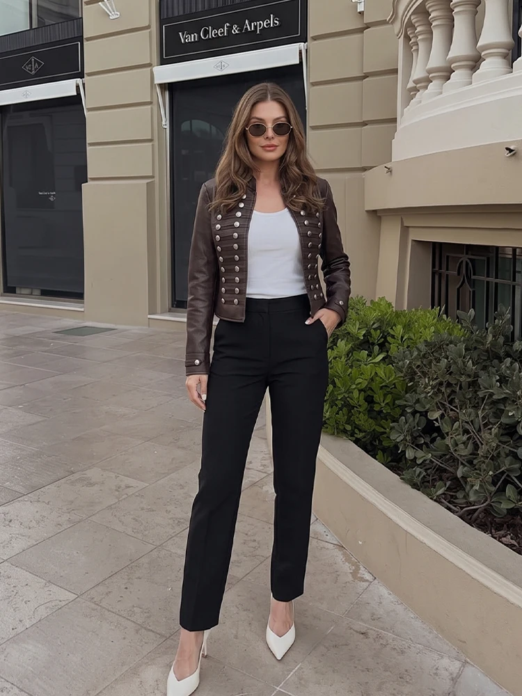 HH Women Autumn Versatile Coat Retro Double Breasted Casual Long Sleeve Faux Leather Jacket 2026 Solid Color Chic Party Outwear