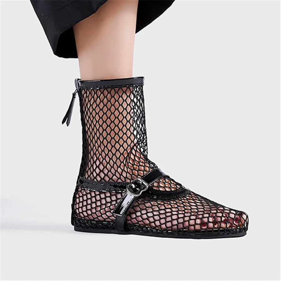 Runway Women Summer Boots Hollow Out Mesh Gladiator Sandals Ladies Flat Shoes Strap Ankle Botas Mujer Black Short Booties