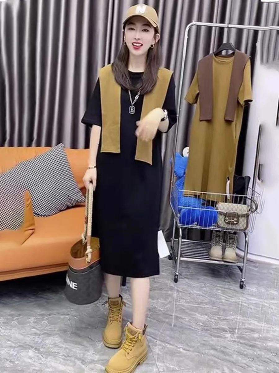 

plus Size Women's Two-Piece Set Long Sve round Ne Casual Polyester Fiber Korean Sle Loose Fit T-irt And Skirt with Slit