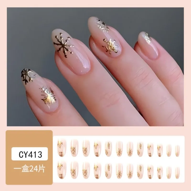 

24Pcs Christmas Snowflake False Nails Wearable Long Xmas Style Fake Nails French Snow Flake Design Full Cover Press On Nail Tips