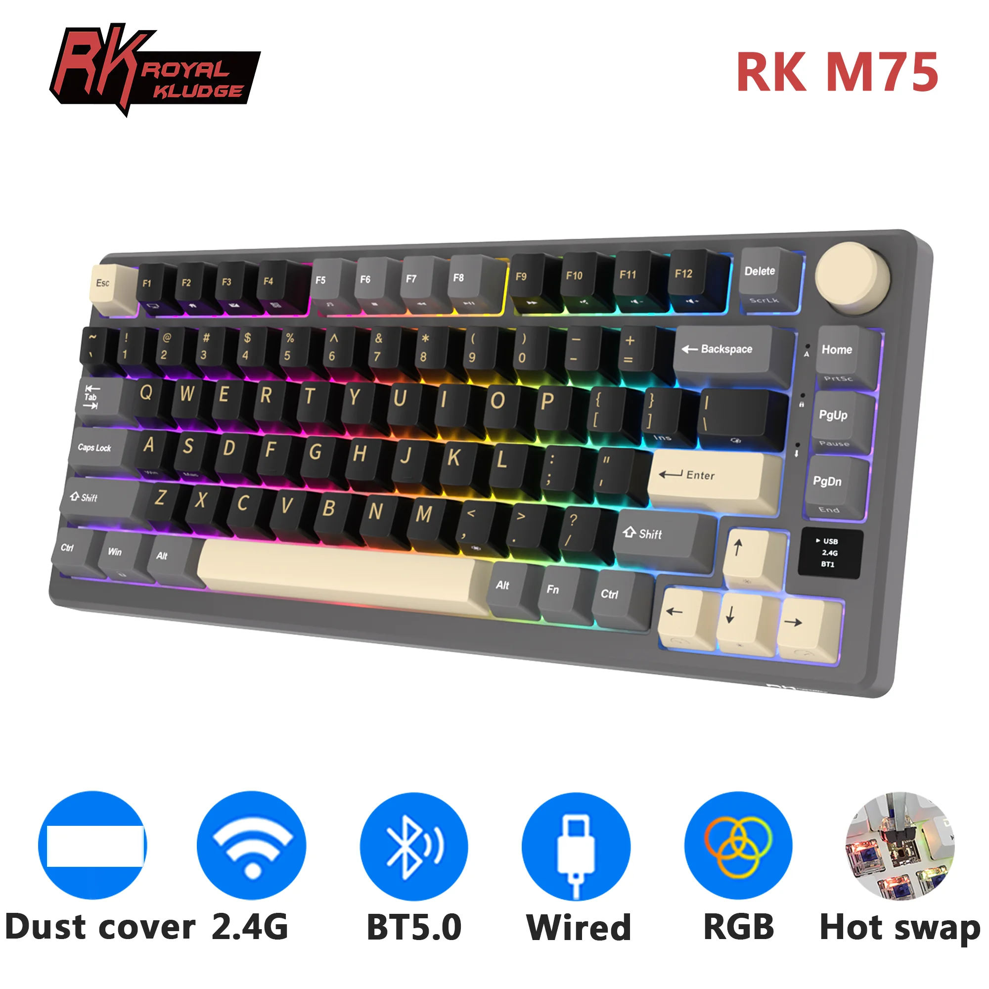 RK ROYAL KLUDGE RK M75 Gasket Mechanical Keyboard 81 Keys RGB Backlit Hot-Swappable 2.4G Wireless/Bluetooth/USB-C Gamer Keyboard