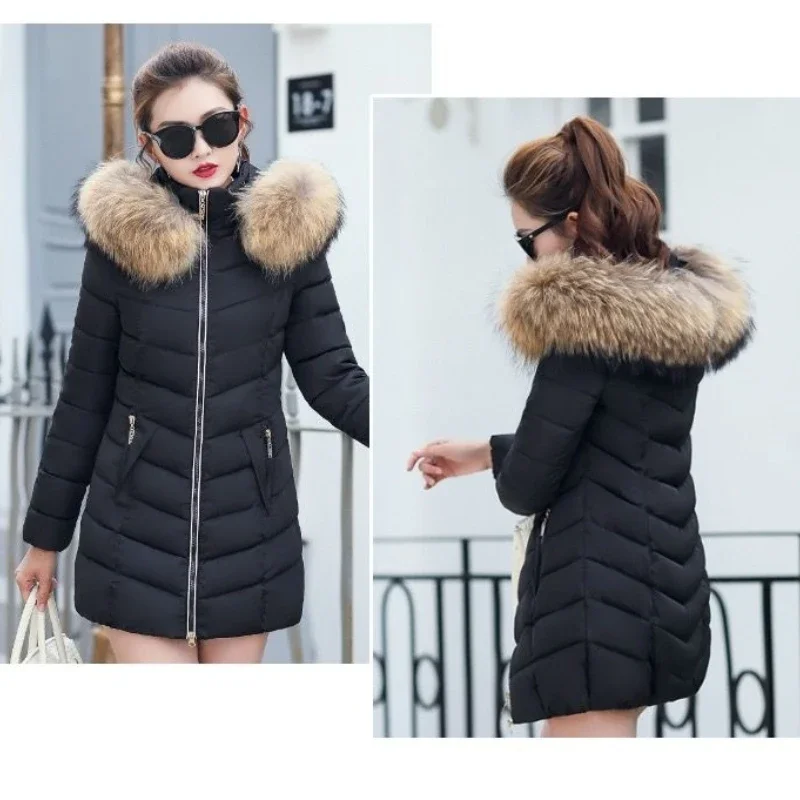 Damska kurtka zimowa 6XL, dopasowany długi płaszcz, codzienne parki, duży futrzany kołnierz, wełniana podszewka, kurtka z kapturem, odzież wierzchnia, ciepłe płaszcze bawełniane dla kobiet.