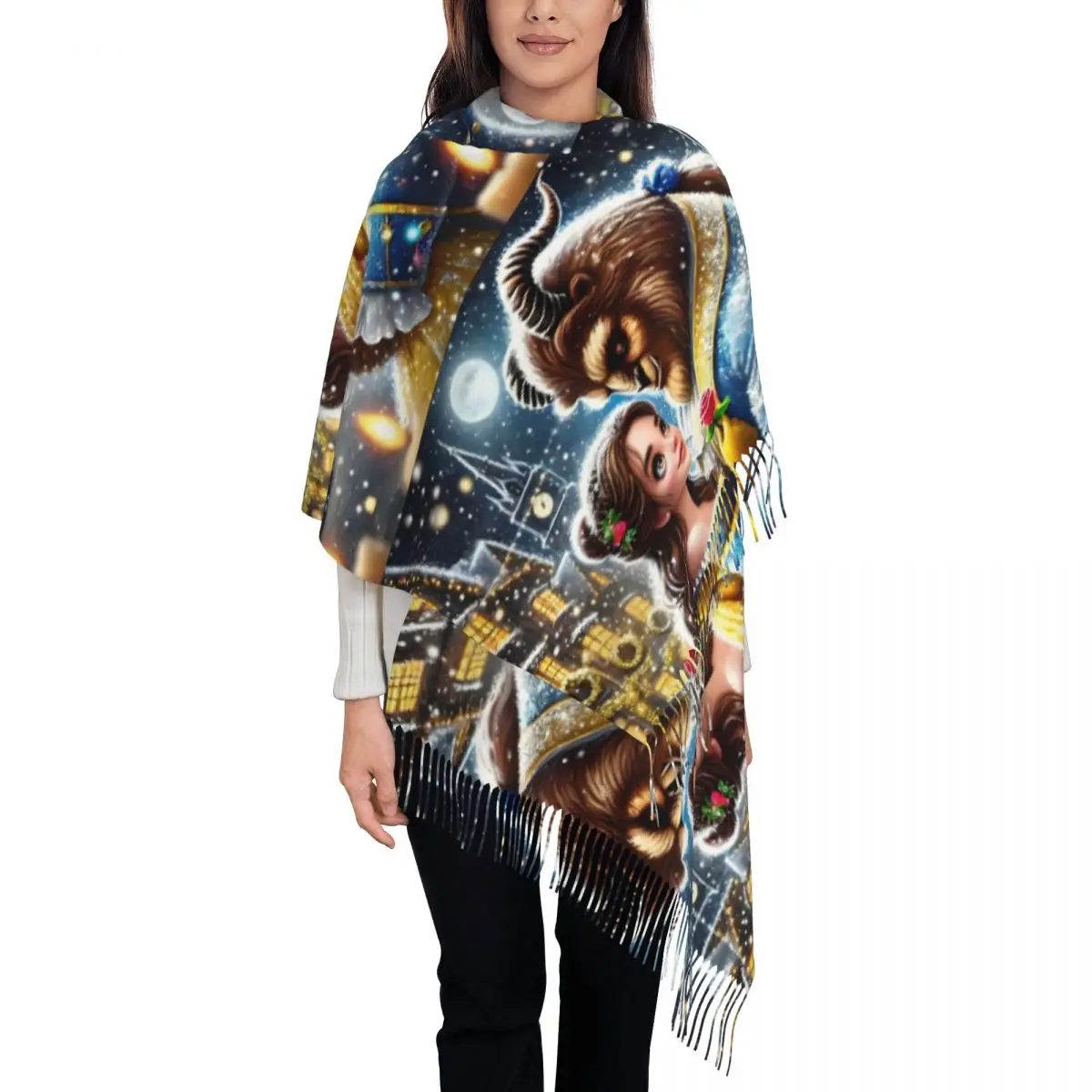 

Модный аниме «Красавица и чудовище» шарф с кисточками женский зимний теплый платок с запахом женский мультфильм Kawaii романтический фэнтезийный фильм шарфы