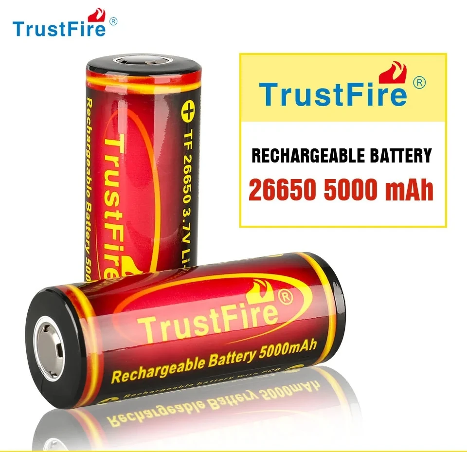 TrustFire Original 26650 Rechargeable Battery 5000mAh High Capacity Lithium ion Batteries 3.7V Flat Top Flashlight Torch Cells