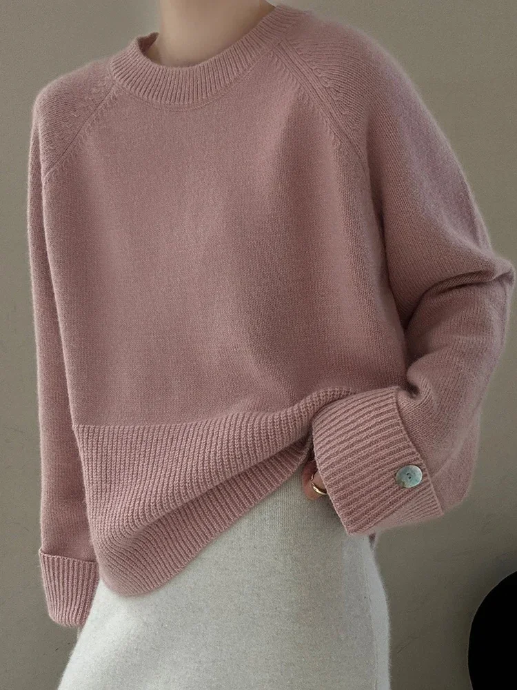 

Pop Autumn New Thickened Women's O-neck Merino Pure Wool Hoodie Fashionable And Versatile Lazy Loose Knitted Sweater