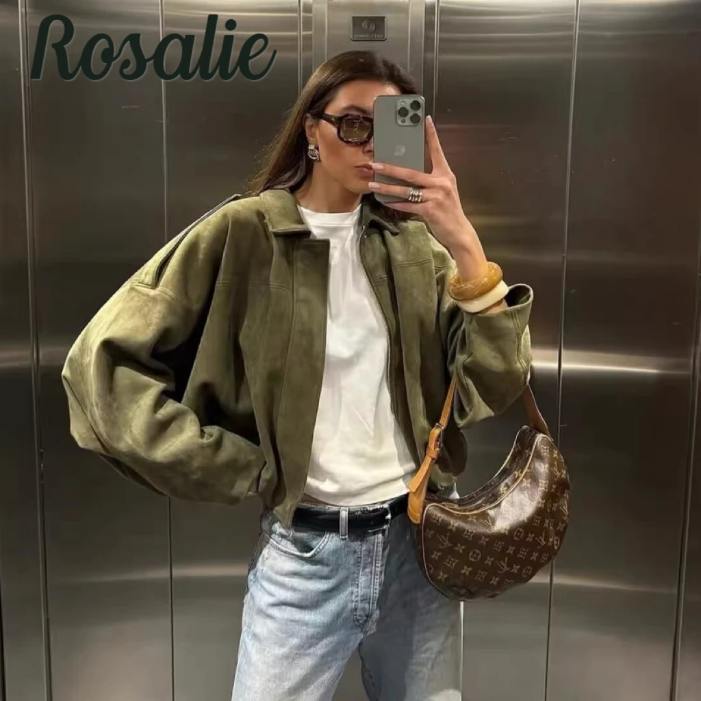 

Fashion Street Suede Bomber Jacket Women's Stylish Vintage Lapel Zipper Bat Sleeve Female Coat 2025 Autumn Casual Commute Outfit