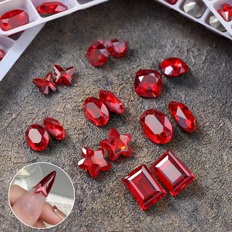 5PCS Sparkle Ice Translucent Big Red Sharp Diamonds Crook Butterfly Square Nail Art Rhinestones Decorations Manicure Ornaments