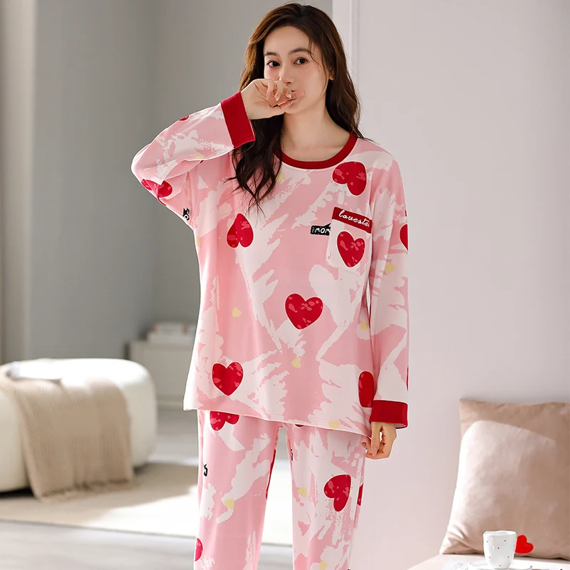 Pink Love Heart Pajama Set Women Cute Sleepwear Long Sleeves Long Pants Autumn Winter Kawaii Pyjamas Soft Pijama Cozy Nightshirt