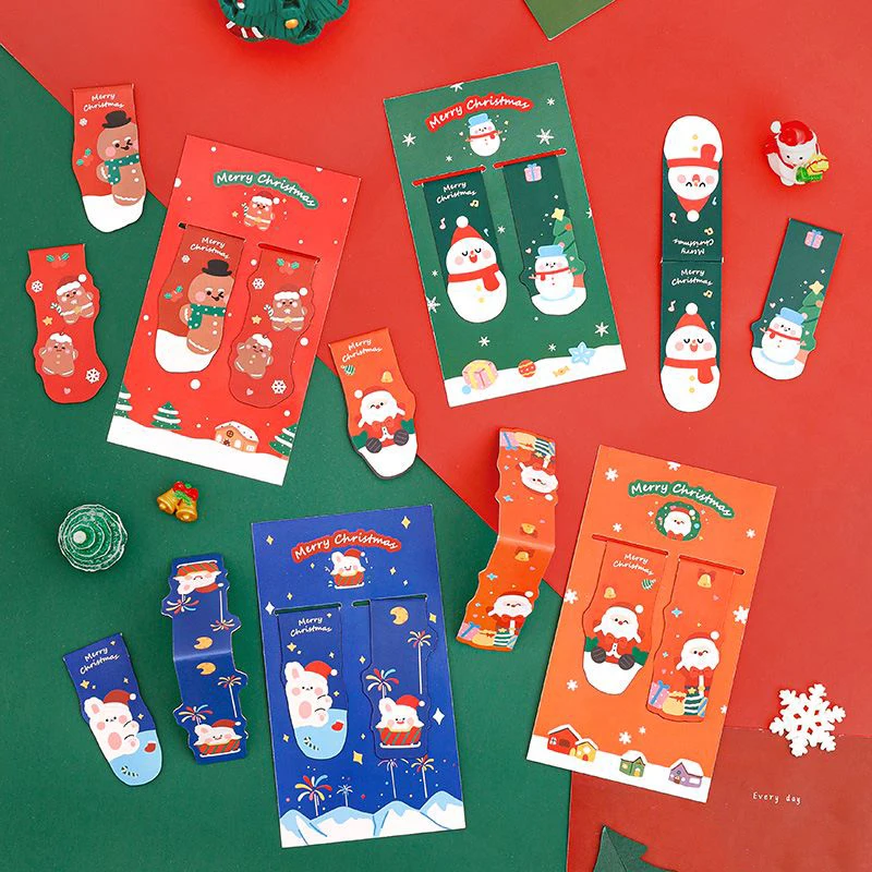 8PCS/set kawaii Christmas Magnetic Bookmarks Cartoon Snowman Gingerbread Santa Children Festive Gifts School Bookmark for Book