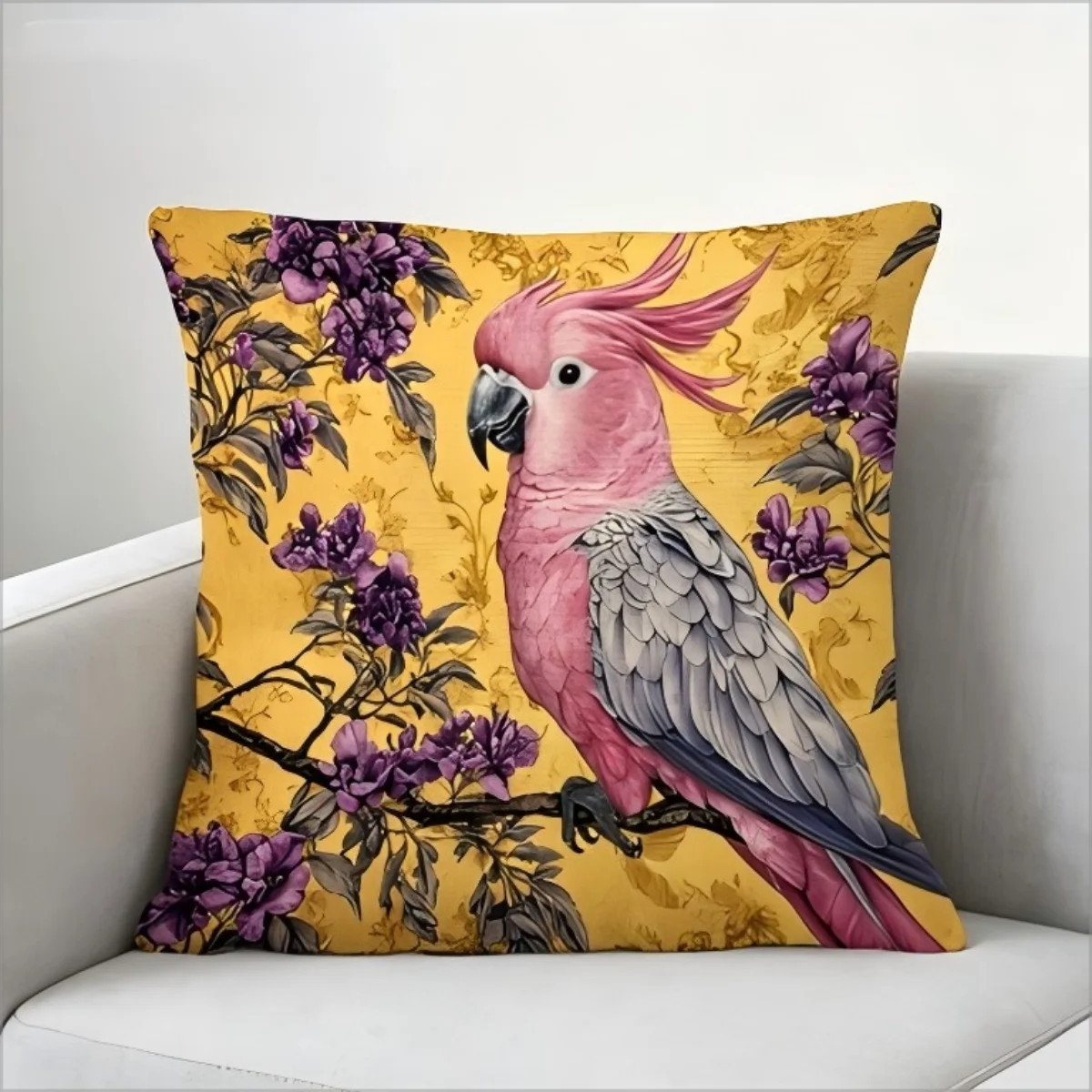 Double Sided Pink Cockatoo Pillow Cover Vintage Tropical Floral Print Cushion Case for Sofa Living Room Boho Nature Home Decor