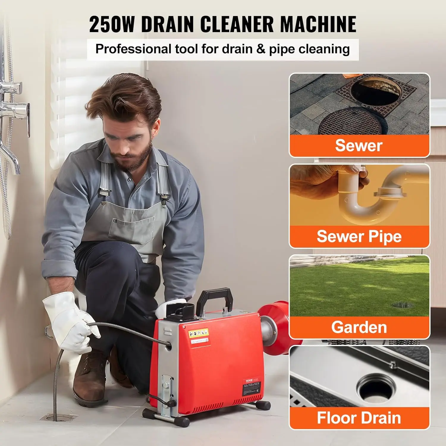 66FT x 5/8 Inch Drain Cleaner Machine, 250W Electric Sewer Snake Auger Manual Feed - with 7 Cutters, 2 Steel Cables