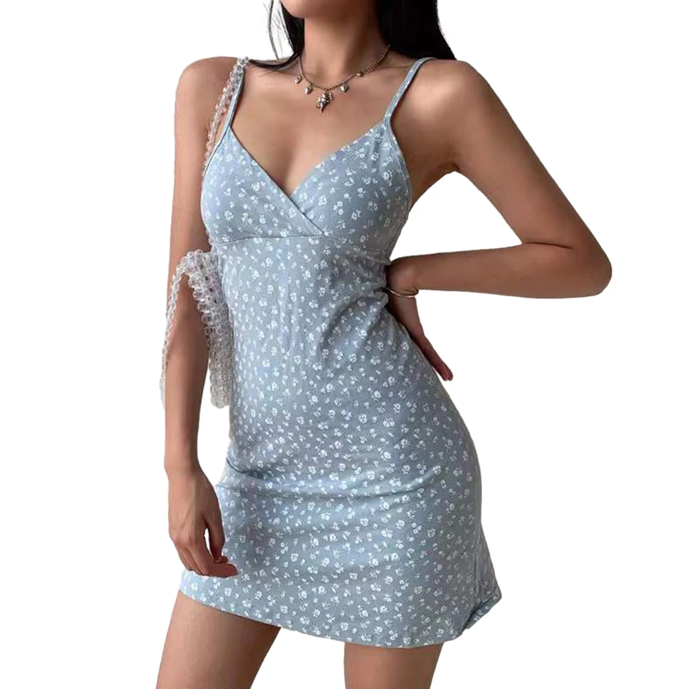 Gaun Mini wanita 2K motif bunga Vintage Slim Fit tanpa lengan leher V musim panas seksi