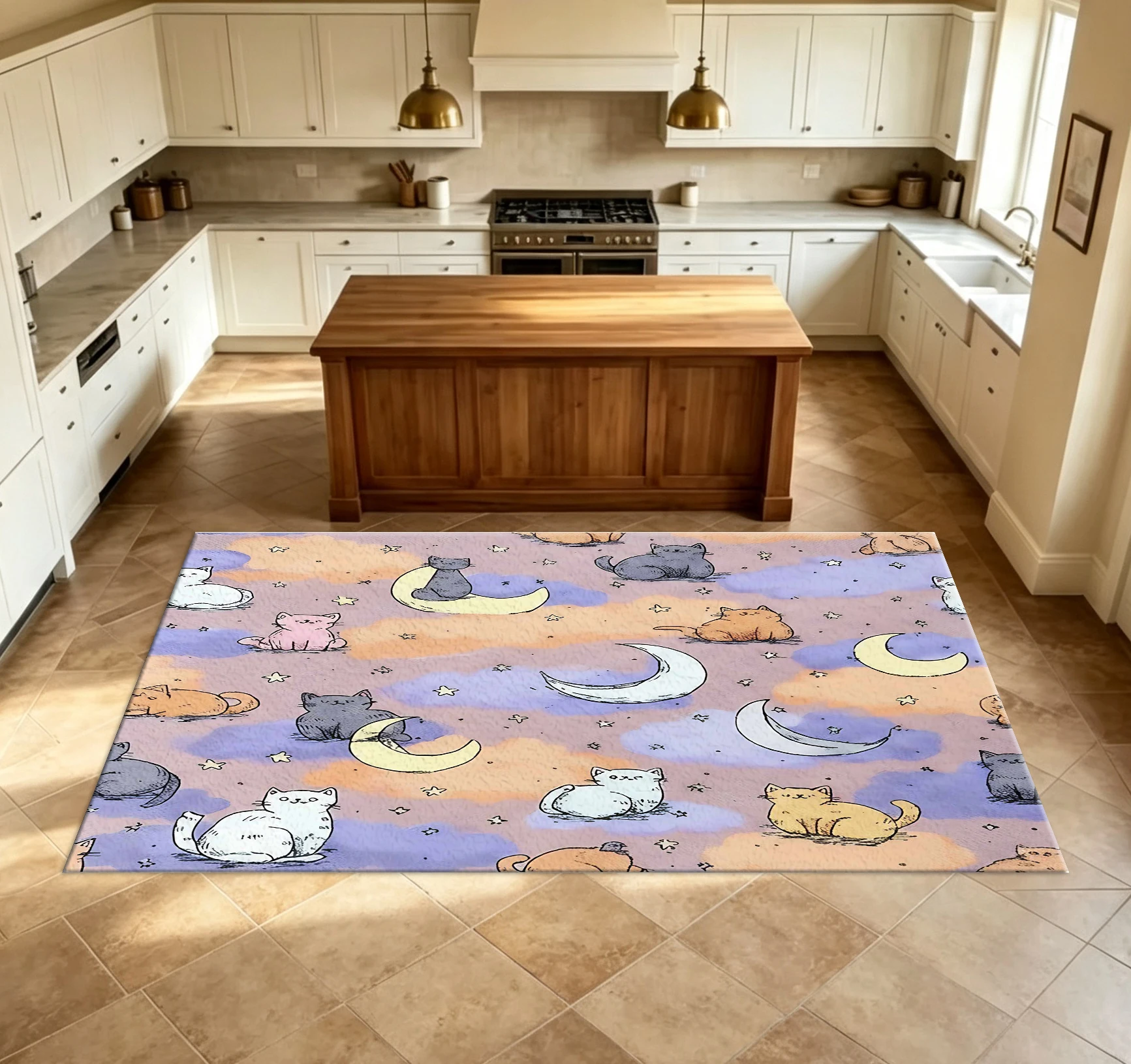 Cartoon Cat Moon Cloud Carpet Cute Hand-Painted Kitten Print Floor Mat Soft Indoor Decorative Children's Carpet Suitable for Children's Room Bedroom