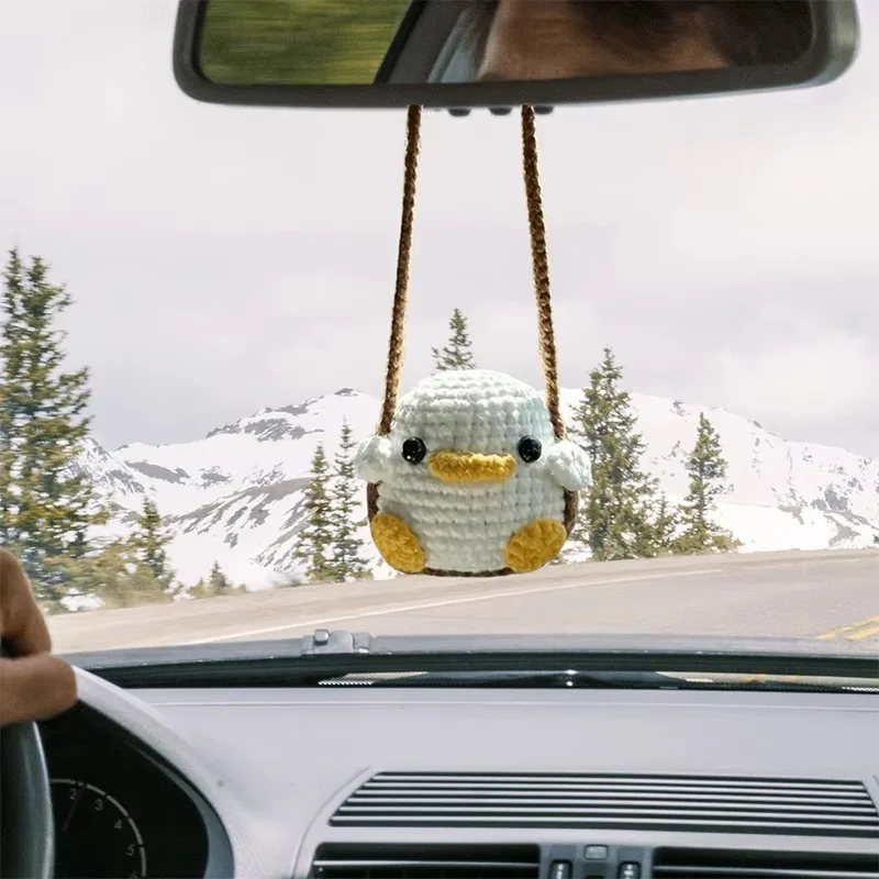 Handmade Crochet Animal Car Charms- Soft Yarn Crafted Frog Penguin Chick Pendants Cute Rearview