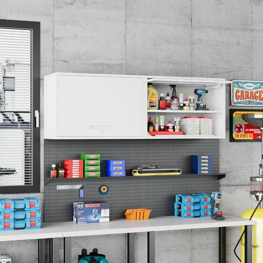 Gabinete de almacenamiento de metal blanco montado en la pared con estante y cerradura para garaje, almacén, uso doméstico