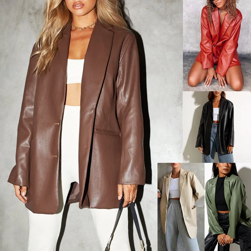 

Women's PU Leather Jacket Casual Warm Autumn Winter New Style Leather Coat Commute Style Long Sleeve Suit Jacket
