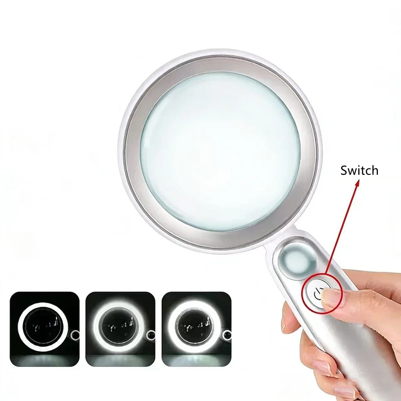 6X 22X Handheld Illuminated Magnifier with Aspheric Lens High-Definition USB Rechargeable Magnifying Glasses Lens f Reading