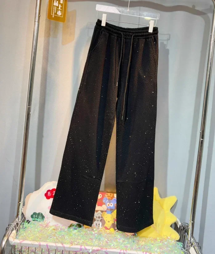 Black Hot Rhinestone Drooping Wide-Leg Pants 2023 Autumn New High Waist Slim-fit Pants Streetwear Fashion Casual Straight Pants