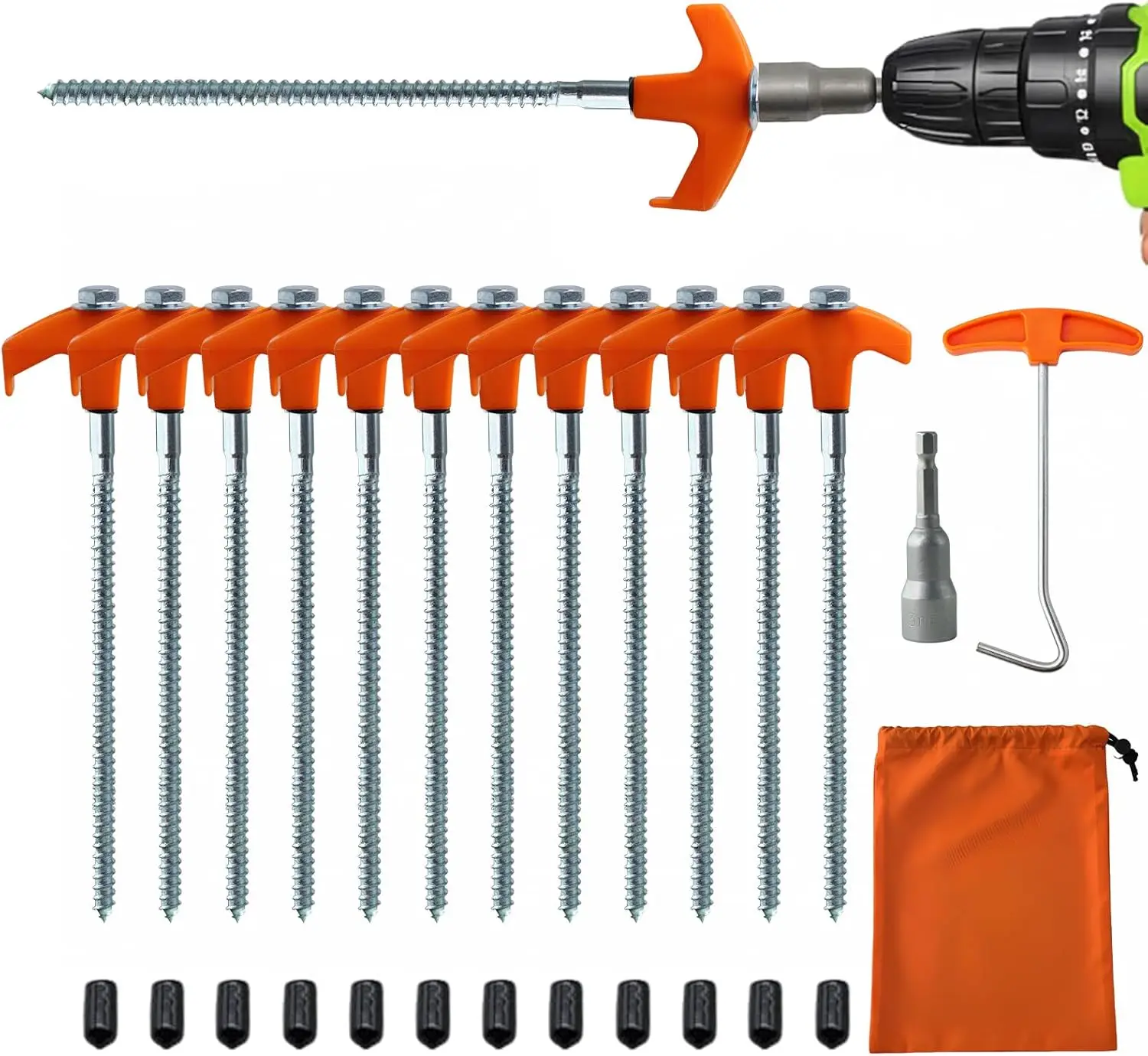 

12-Pack Heavy Duty Screw-in Tent Stakes with Drill Adapter – 8 Inch Ground Anchors for Camping, Canopy, Gazebo & Awnings
