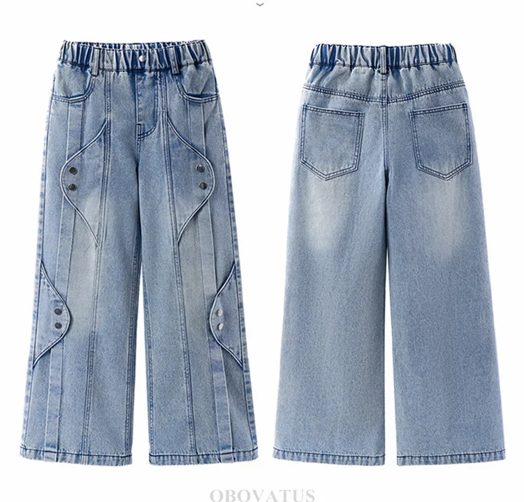 Neues Design Mädchen Straight Jeans Stylische Kinder Mode Street Denim Hosen Teenager Kinder Lose Slim Fit Loose Leaf Jeans Hosen – Detail 8