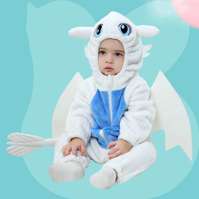 

2024 Baby Girl Romper Cartoon Pterosaur Jumpsuits Kids Cosplay Costume Winter Flannel Onesie Baby Boy One-Pieces Hooded Overall