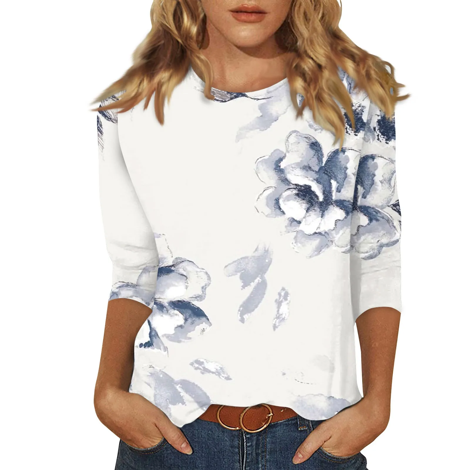 Ladies New Button Round Neck Fashion Print 3/4 Sleeve Vintage Print T-Shirt Slim Fit Casual Tops Women's Clothing Discount Items