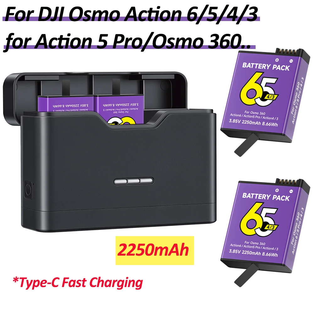 Image of 2250mAh Akku für DJI Osmo Action 6, Action 5, Action 5 Pro, Action 4 mit USB-Schnellladegerät für DJI Osmo Action 4, Osmo 360, Osmo 360 II Kamera-Zubehör für Action 3, Akku-Ladegerät-Set mit