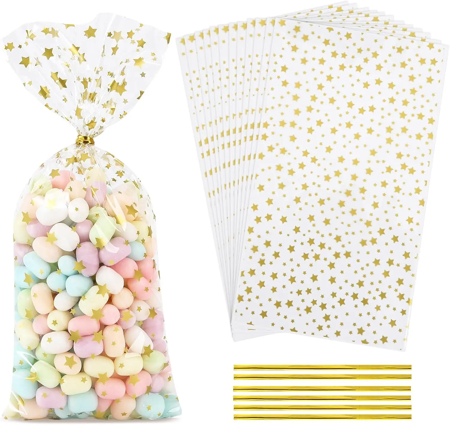100 bolsas de celofán transparentes con forma de estrella dorada de 5x11 pulgadas con lazos giratorios, ideales para regalos, dulces, postres, panadería y recuerdos de fiesta.