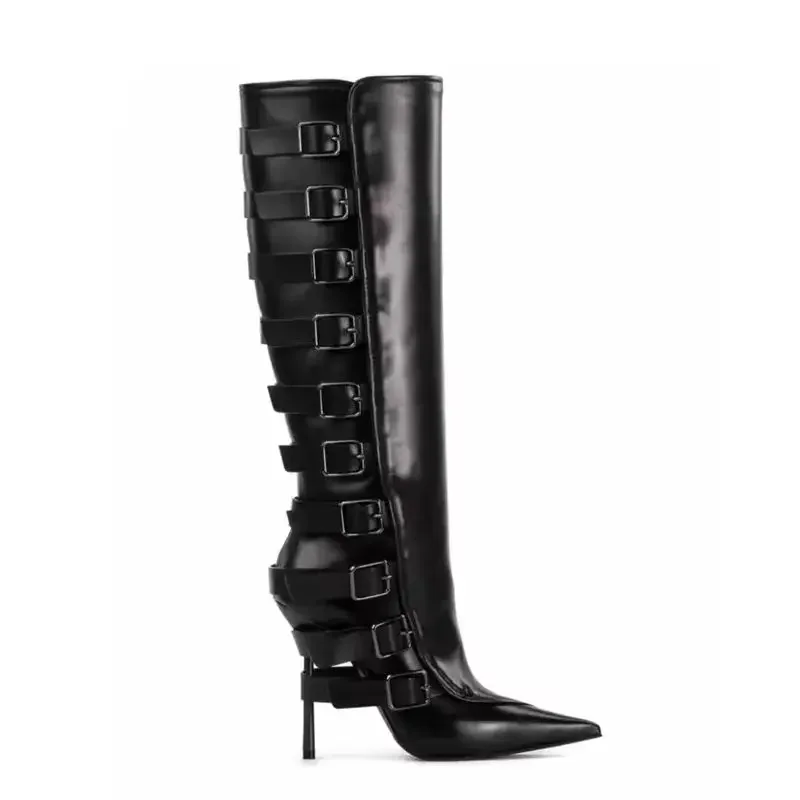 

Pointed Belt Buckle High Heel Short Boots Black Brown Color Matching Catwalk Fashion Ankle Boots Size 46 Thin Heel Mid-Calf Boot