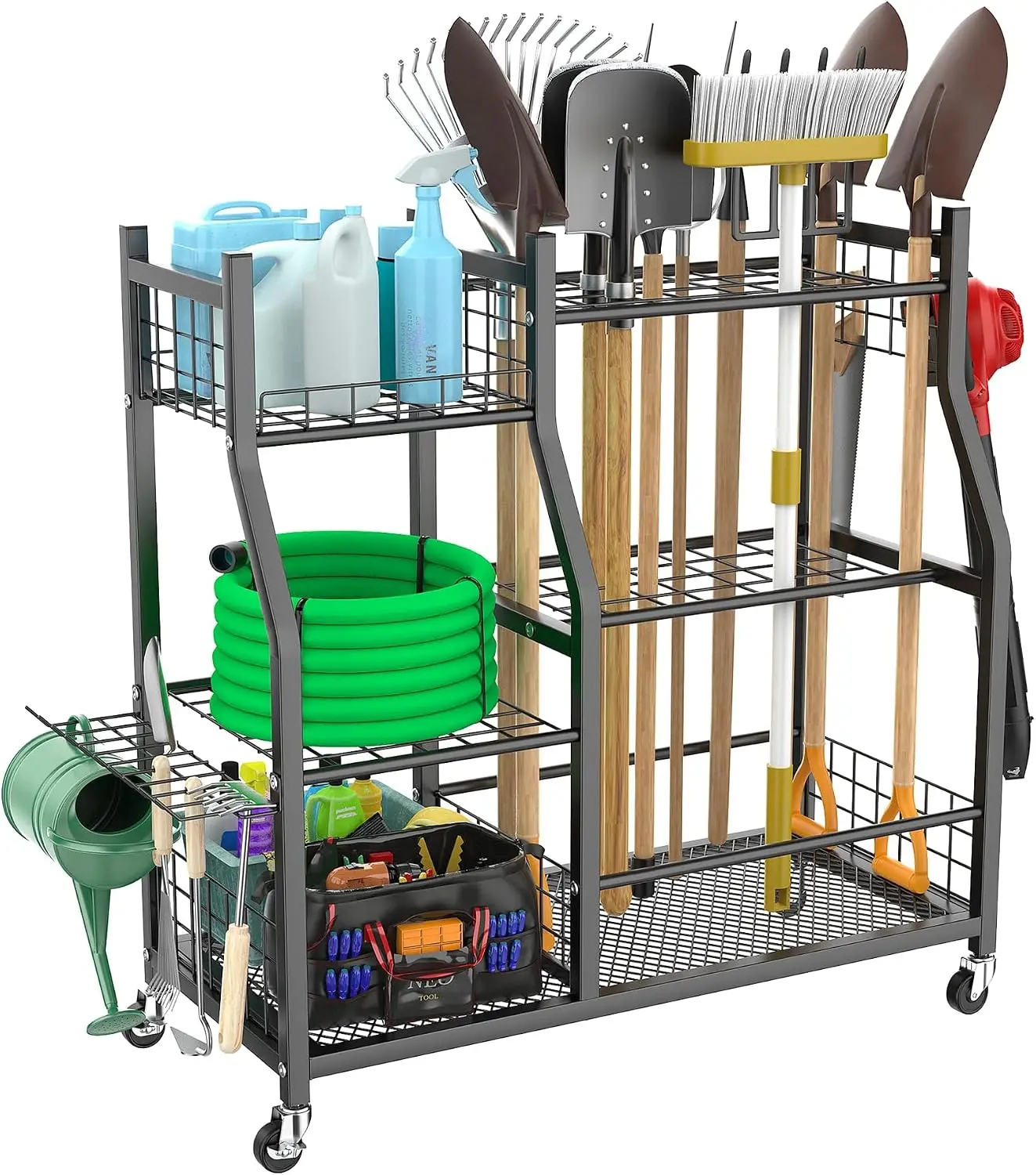 Wheeled Garden Tool Stand Organizer for Rakes, Shovels and Yard Tools