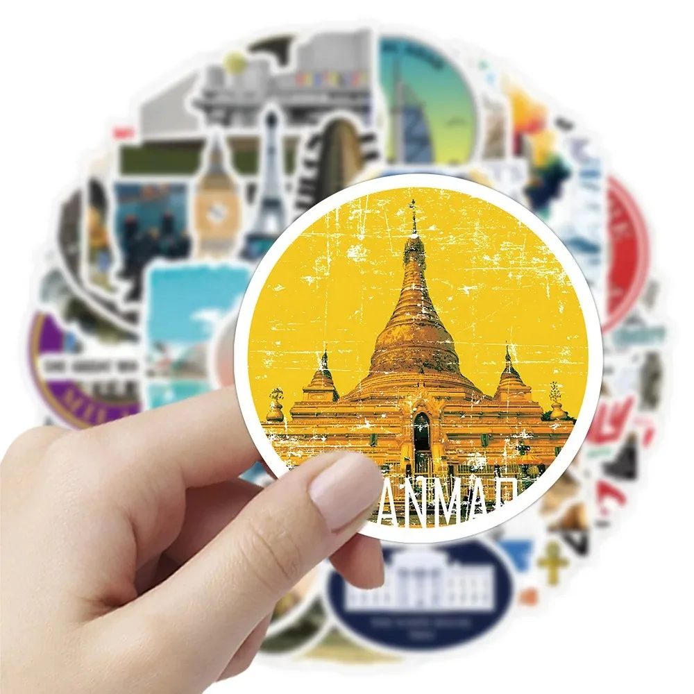 50PCS Popular Cartoon World Famous Buildings Sticker Pack Skateboard Decoration DIY Laptop Kids Graffiti Decals