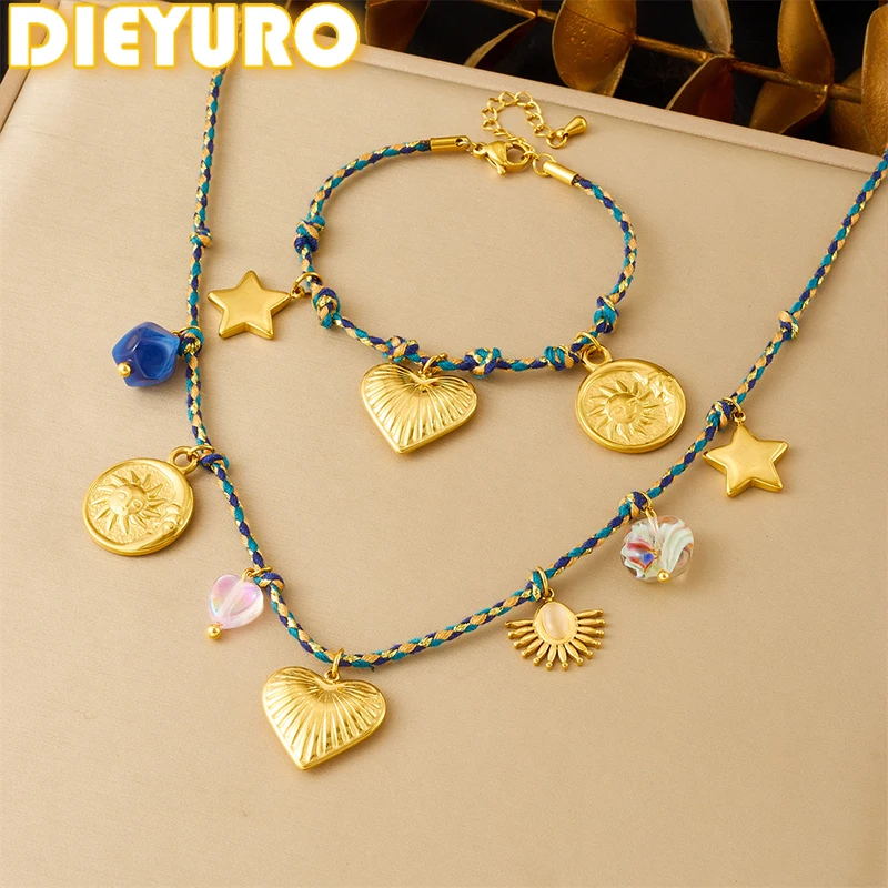 

DIEYURO 316L Stainless Steel Golden Stripe Heart Pentagram Crystal Pendant Necklace Bracelet Set Lady New Fashion Jewelry Gift