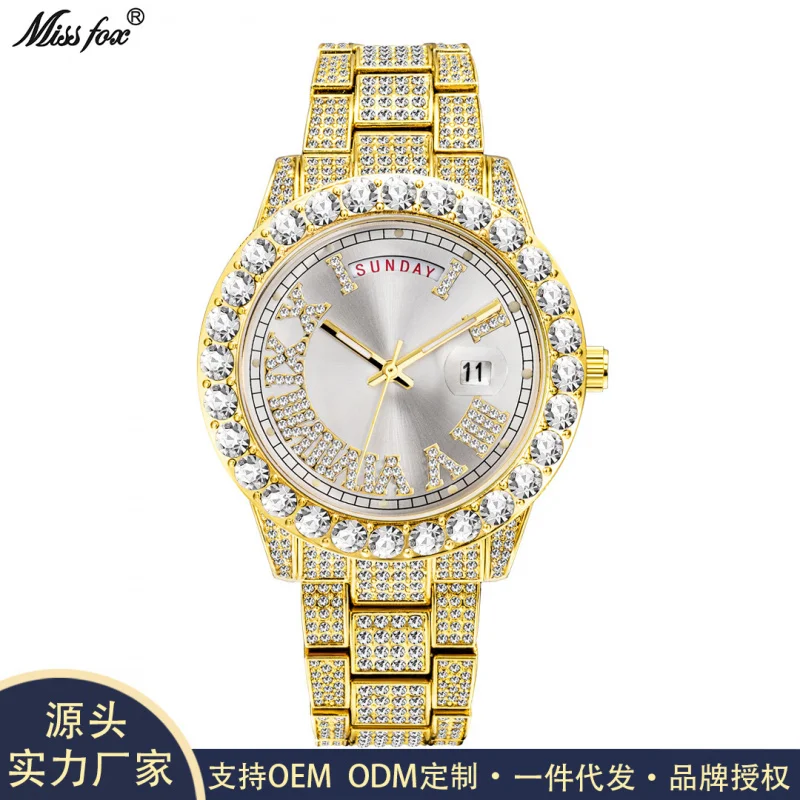 

Official brand free shippingTop-Selling Product Fashion Full Diamond Hip Hop Diamond Water Ghost Week CalendarMen's Watch