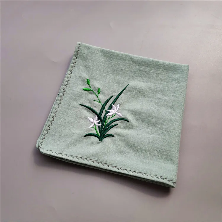 Chinese Traditional Style Orchid Embroidered Soft Handkerchief Double Layer Cotton Linen Square Pocket Towel Unisex Vintage Hanf