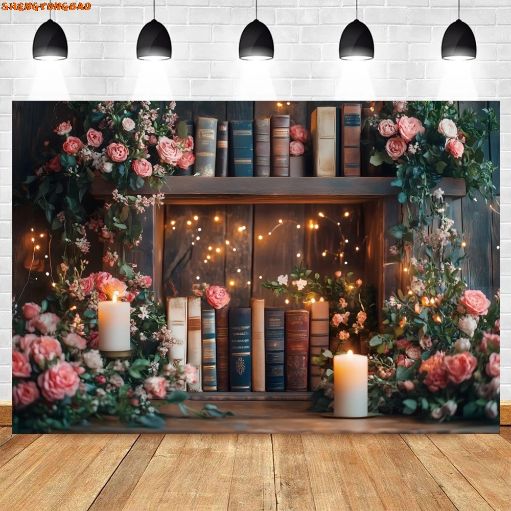 Vintage Wall ชั้นวางหนังสือหนังสือฉากหลัง Back to School เด็กทารกถ่ายภาพพื้นหลังตกแต่งแบนเนอร์ Photo Studio