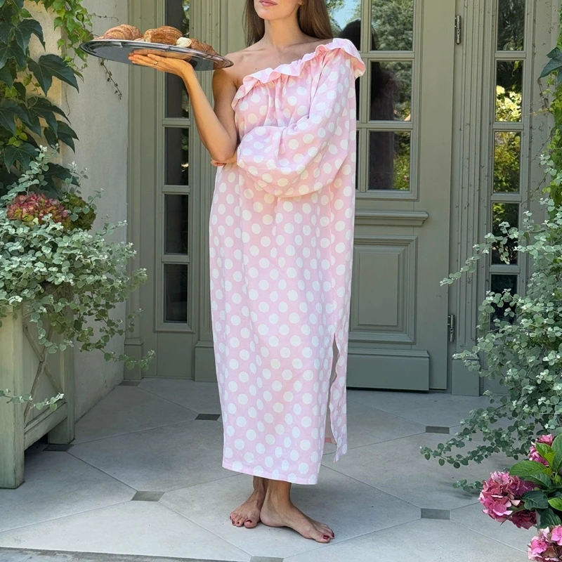 

HEZIOWYUN Women's Long Nightdress Fashionable Loose Fit Y2k Dot Print Long Sleeve Off One Shoulder Ruffled Loungewear Dress