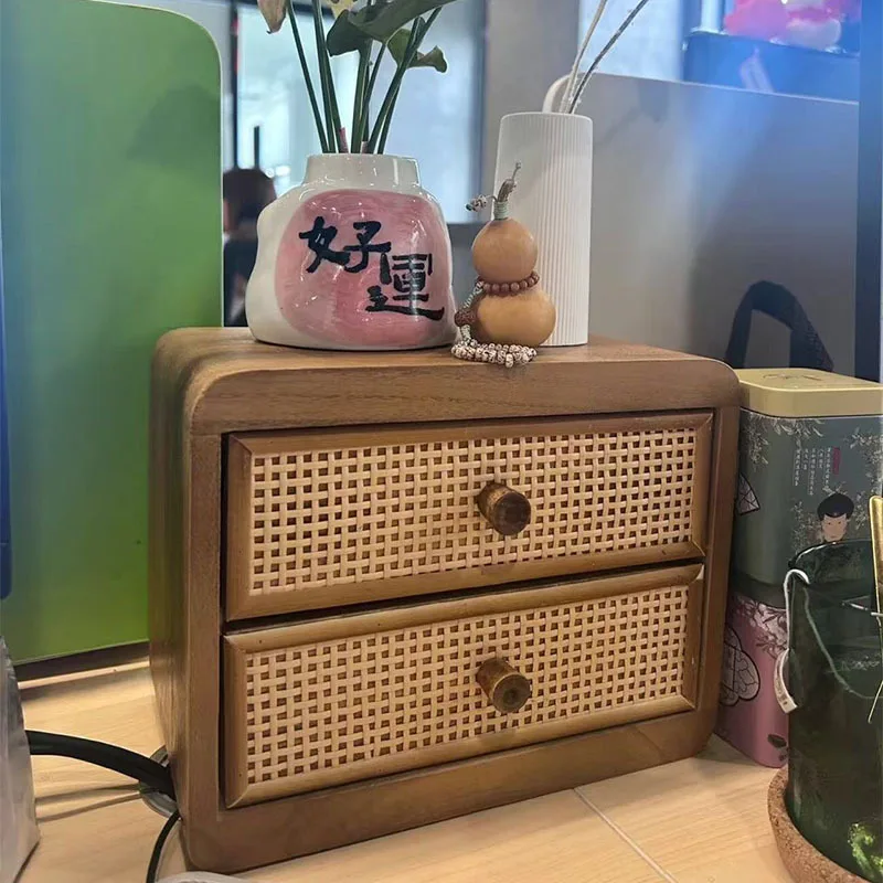 HYS Desktop Wooden Storage Cabinet, Rattan Weaving Small Drawer, Storage Box for Office Desk, Stationery Box Cabinet