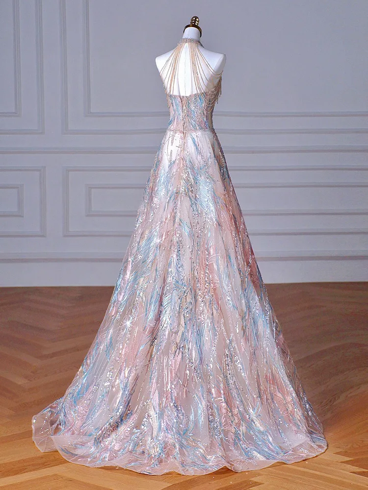 French Halter Evening Dress Sexy Hollow V-neck Formal Banquet Dresses Luxury Tail Beaded Tassel Embroidery Cocktail Party Gown
