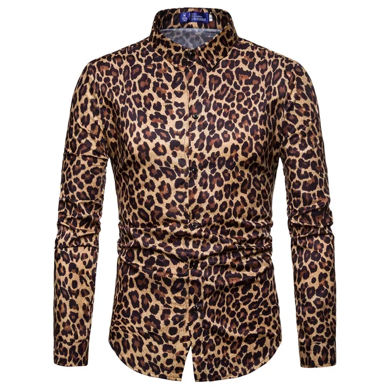 Camisa con estampado de leopardo para hombre, camisa de manga larga de alta calidad, informal, para fiesta Social