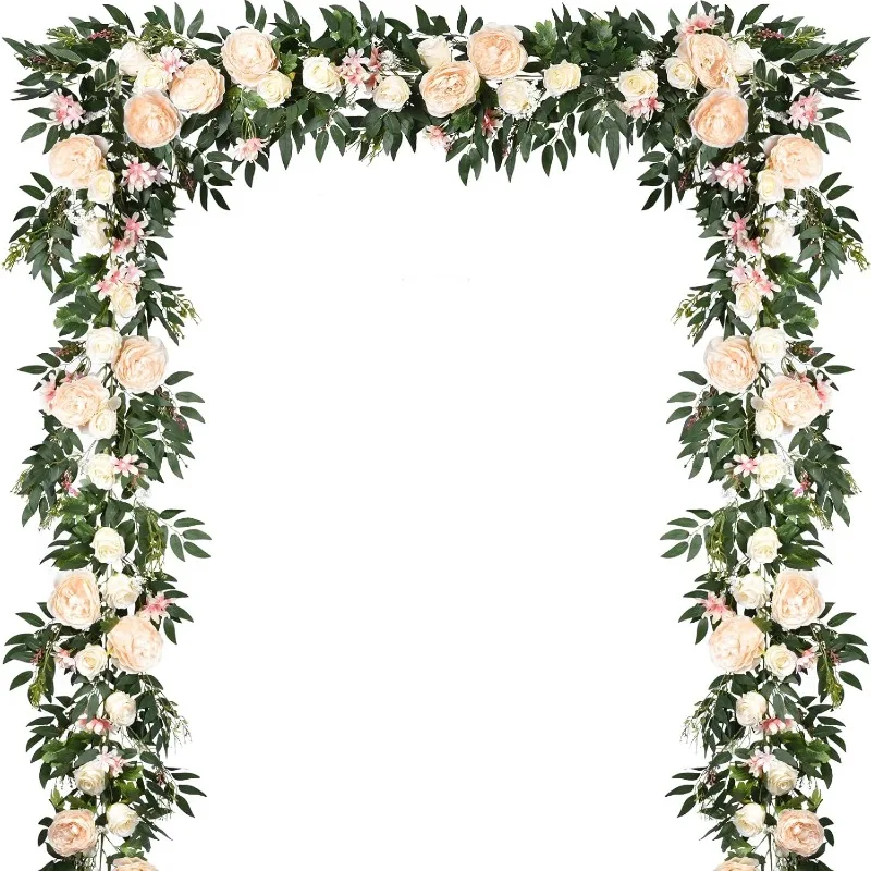 Lvydec 2 Pack Artificial Peony Flower Garland - 6ft Silk Peony Vine Willow Leaves Garland Champagne Arch Flower Vine