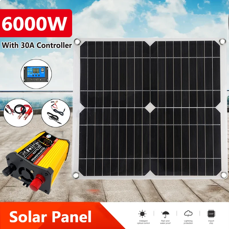 12V to 110V/220V Solar Power System 20W Solar Panel+30A Controller+6000W Modified Sine Inverter Complete Power Generation Kit